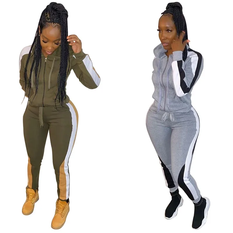 

Autumn Casual Tracksuit Patchwork Suit Long Sleeve Hooded Zip Pocket Sweatshirt Pencil Pants Two-piece Sets for Women