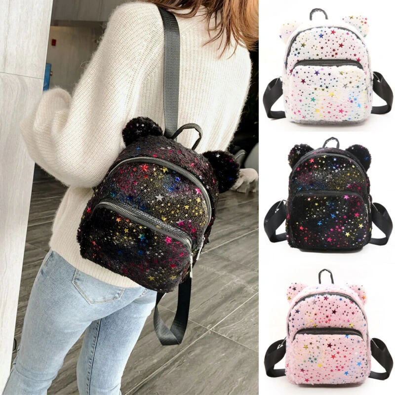 Mini mochila felpa con lentejuelas y estrellas para niñas, bolso de viaje pequeño, para de felpa| - AliExpress