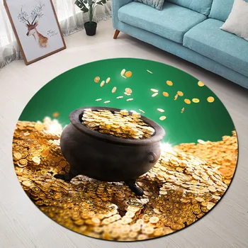

Pot of Gold Coins Green St. Patrick's Home Decor Floor Round Rug Soft Living Room Bedroom Non-slip Childrens Carpet Crawling Mat