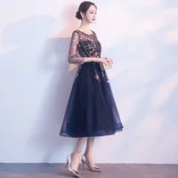 Elegant Short Flower Navy Blue Color Embroidered Party Prom Dresses 5