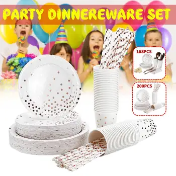 

168/200pcs/set Party Disposable Tableware White Gold Paper Cup Plate Straws Birthday Party Decor Kid Baby Shower Party Supplies