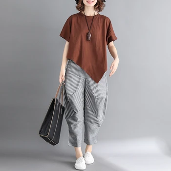 

plus size two pieces women pants 2019 autumn new solid loose t-shirts and wide leg pants lady elegant casual suits top quality