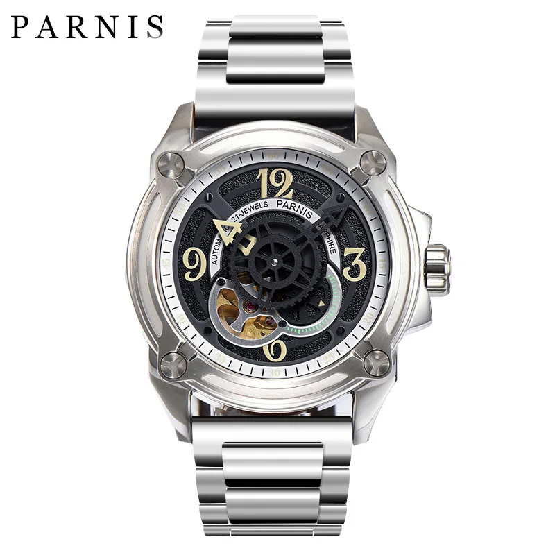 Parnis 44MM Automatic Mechanical Men's Watch Silver Case Sapphire Crystal Leather Strap 5ATM Japan Miyota Movement Wristwatch | Наручные