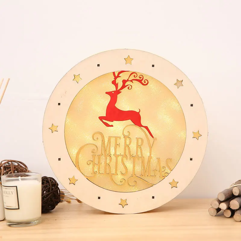 1pc LED Wood Ornament Christmas Tree Shape Wood Light Elk Table Decor Creative Table Round Stars Elk Merry Christmas Household
