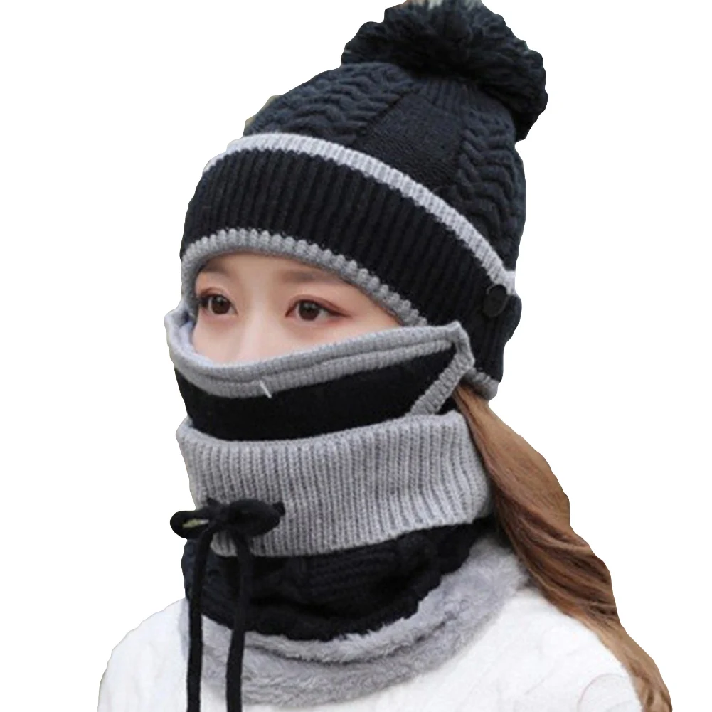 3 шт. зимняя утолщенная теплая вязаная шапка с помпоном маска на шею шарф Набор