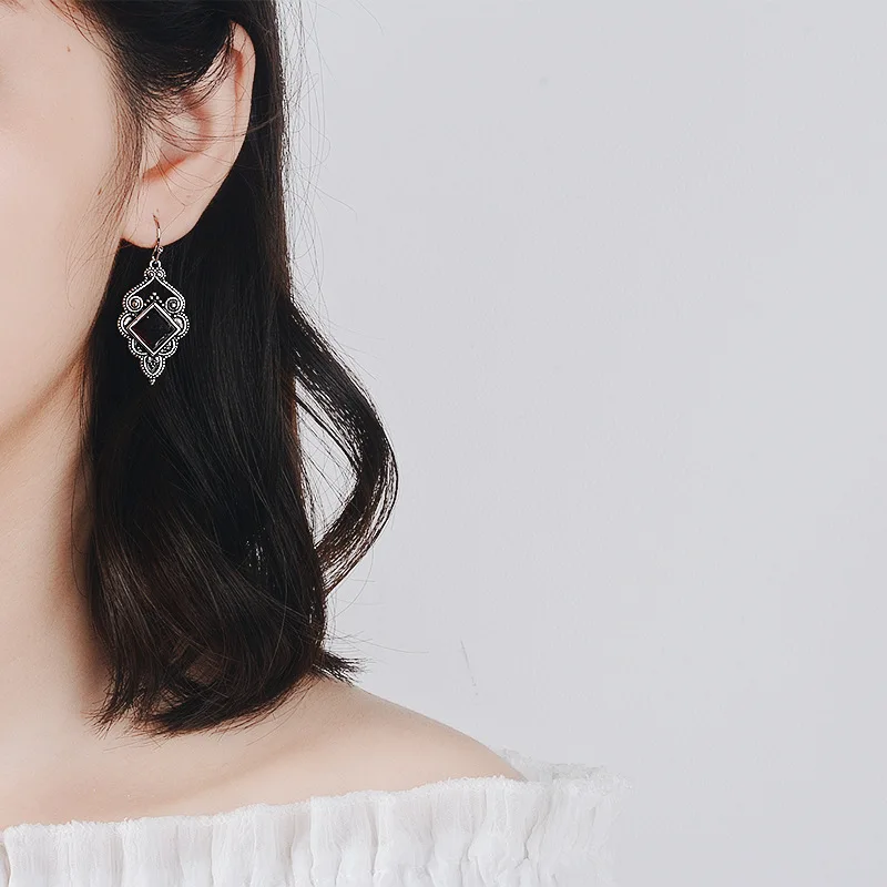 Bague Ringen Vintage Thai Silver 925 Jewelry Gemstone Earrings for Women Square Ruby Auspicious clouds Party Accessories GIFT