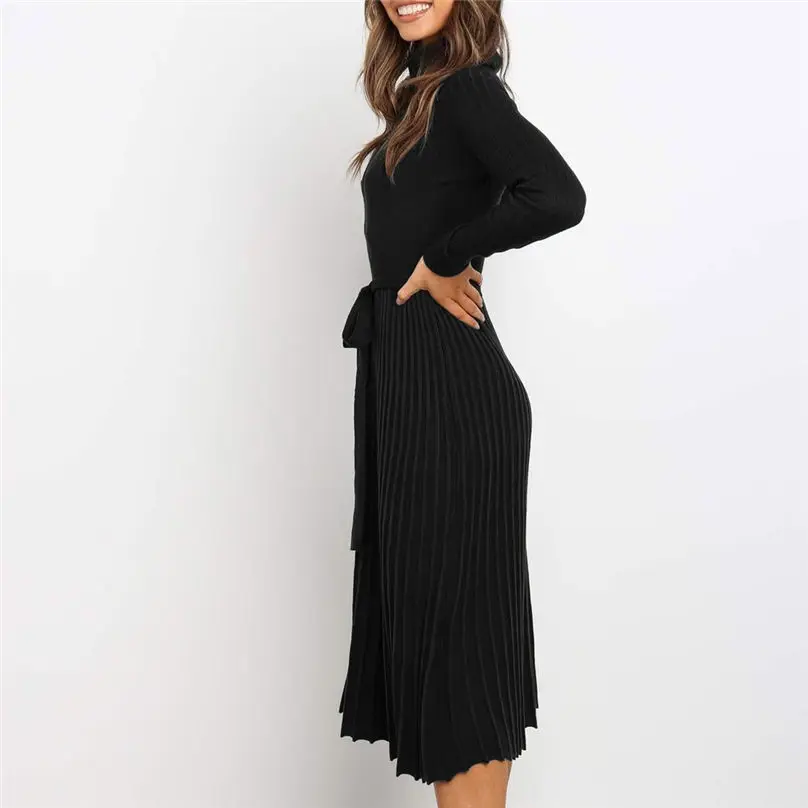 Fashion Women Turtleneck Winter Dresses 2019 Slim Casual Long Sleeves Dress Solid Color Swing Party Dress Vestidos платье 3Y26 (3)