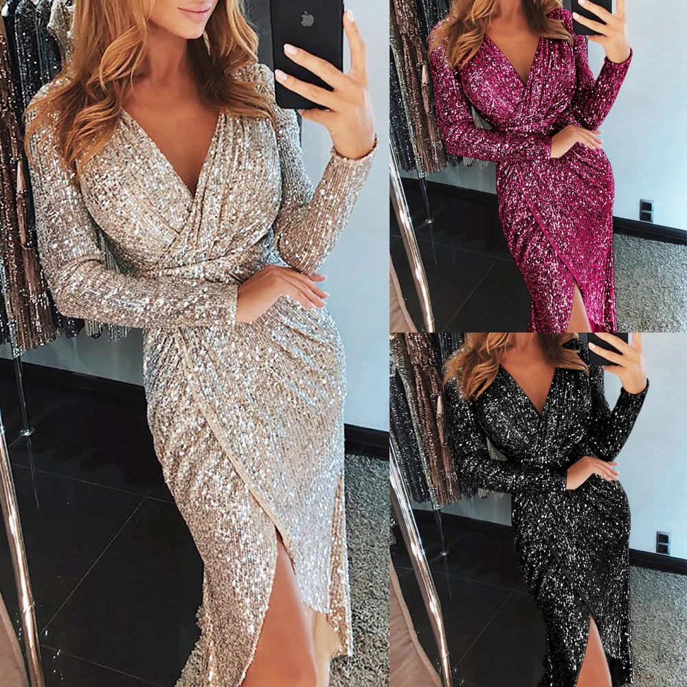 New Fashion Sexy Women Long Sleeve V Neck Glitter Sequin Evening Club Ball Gown Split Wrap Dress Bodycon Party Maxi Slim Dress