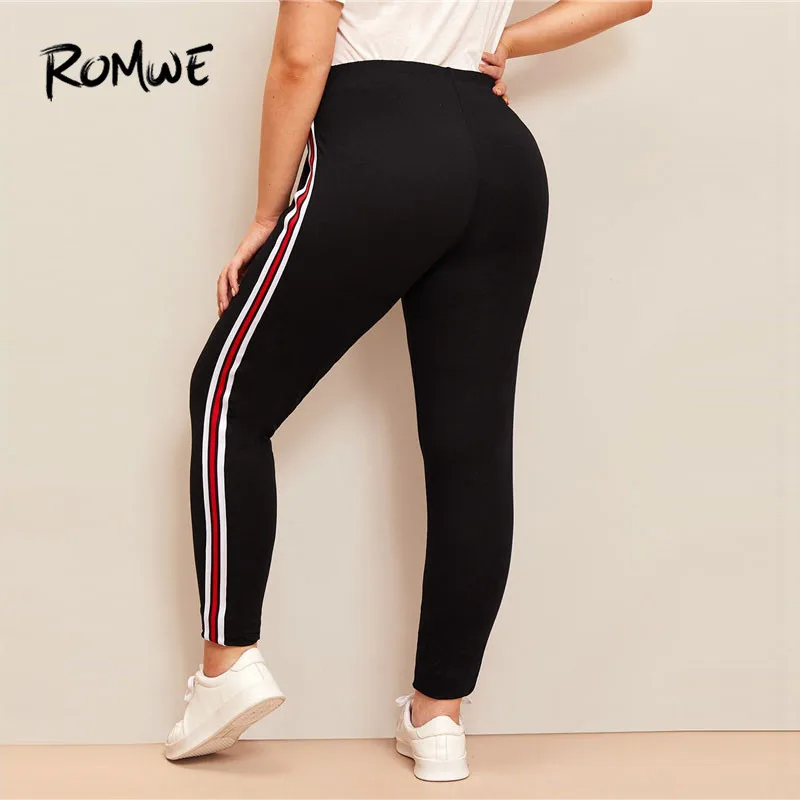 Romwe Sporty Plus Size Contrast Taped Side Leggings Women Gym Running Tights Black Pants Ladies Fitness Yoga Leggins