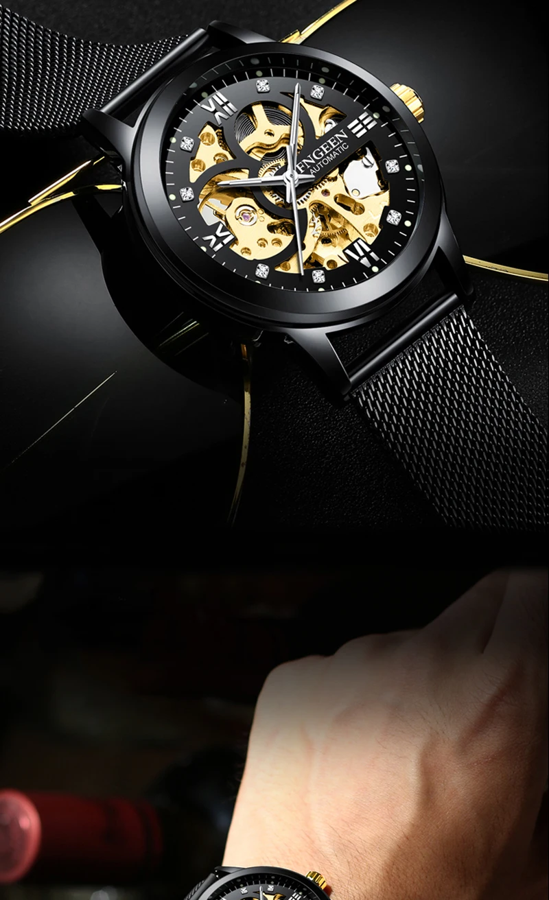 Мужские светящиеся механические часы FNGEEN Скелет автоматические часы из нержавеющей стали сетчатый ремешок Мужские наручные часы