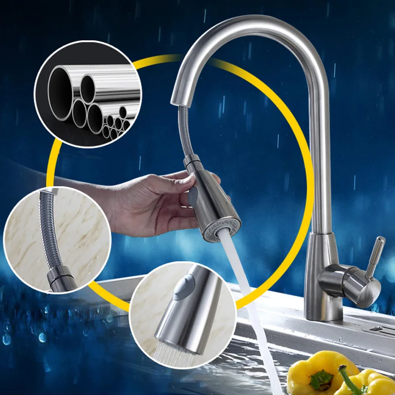  New Kitchen Faucet Pull-Down Sprayer Head Noise Reduction 2 Modes Single Hole Mixer Tap XOA - 4000541860460