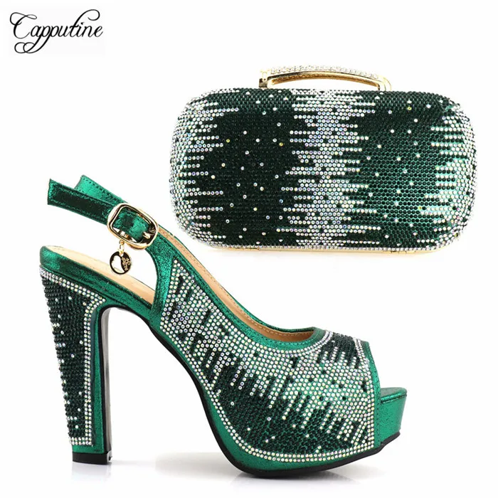 

Latest green high heel party shoes and evening handbag sets with rhinestones for lady S1719 ,heel height 12.5cm