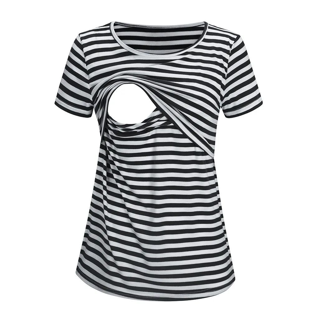 Женская Футболка для беременных с коротким рукавом в полоску с принтом для кормления футболка для кормящих женщин Одежда для кормления футболки