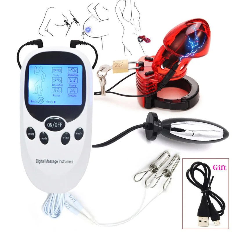 Male Electric Shock CB6000 Chastity Cock Cage Scrotum Lock Ring Penis Sleeve Electro Stimulation Anal Plug Nipple Clamp Sex Toys | Красота и