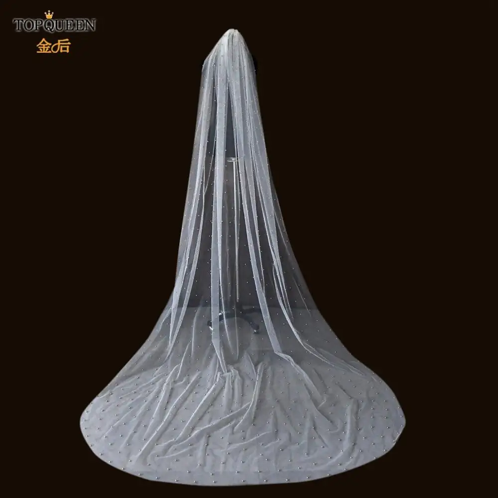 

TOPQUEEN V11Real Photos 3M Cathedral Wedding Veil White Ivory Handmade Tulle with Pearls Beautiful Long Bridal Marriage Veil