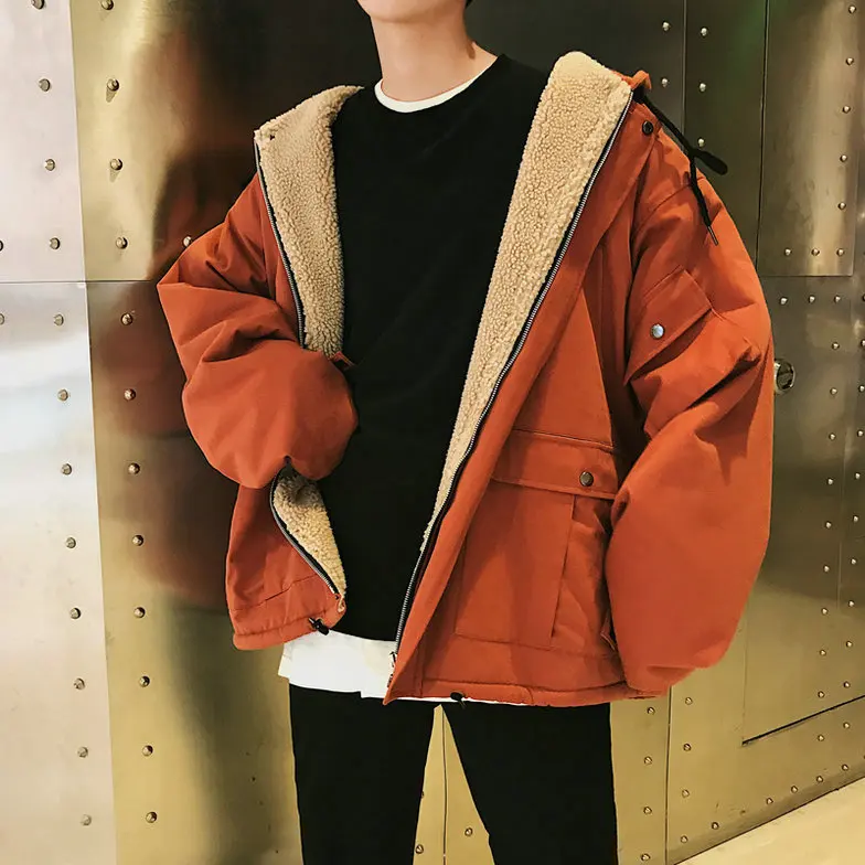 Korean Loose Men's Oversize Jacket Autumn Winter Hooded Cotton Coat Wool Liner Men Coats Warm K098