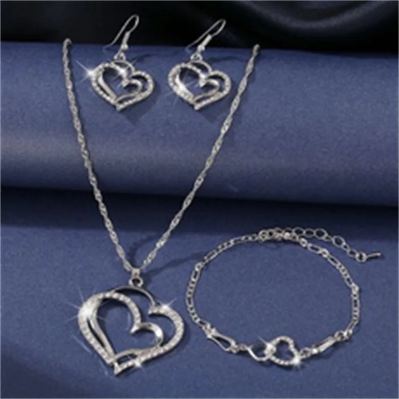 New Fashion Gold And Silver Diamond Double Love Pendant Necklace Earrings Bracelet Sweet And Romantic Ladies Wedding Jewelry Set