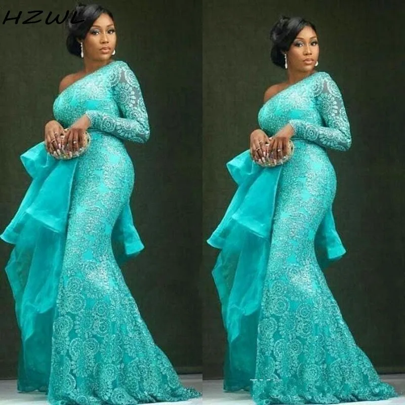 Aso Ebi размера плюс вечерние платья Пеплум одно плечо Русалка Кружева Выпускные платья африканские Дубай Вечерние платья вечернее платье