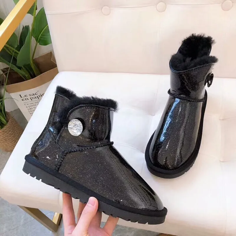 

2019 autumn winter new mirror crystal leather waterproof anti-fouling short tube female snow boots cotton shoes Women's boots