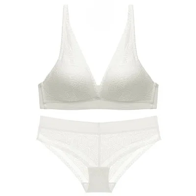 Fashion Underwear Sets Women Sexy Lace Bra Panties Ladies Female 70-85 BC cup Size Lingerie Set wire free Bralette Bras Briefs - Цвет: Белый