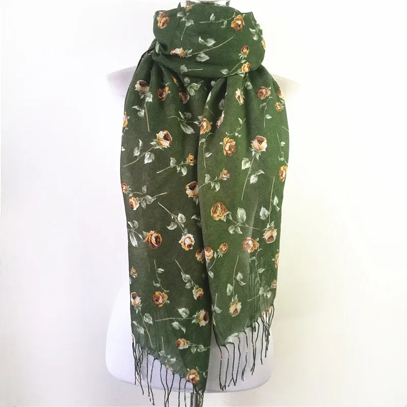 Модный осенне-зимний шарф для женщин, вискоза, кисточка, шаль, цветочный принт, маленькая Роза, шарф для женщин, шарфы, Echarpe - Цвет: Green
