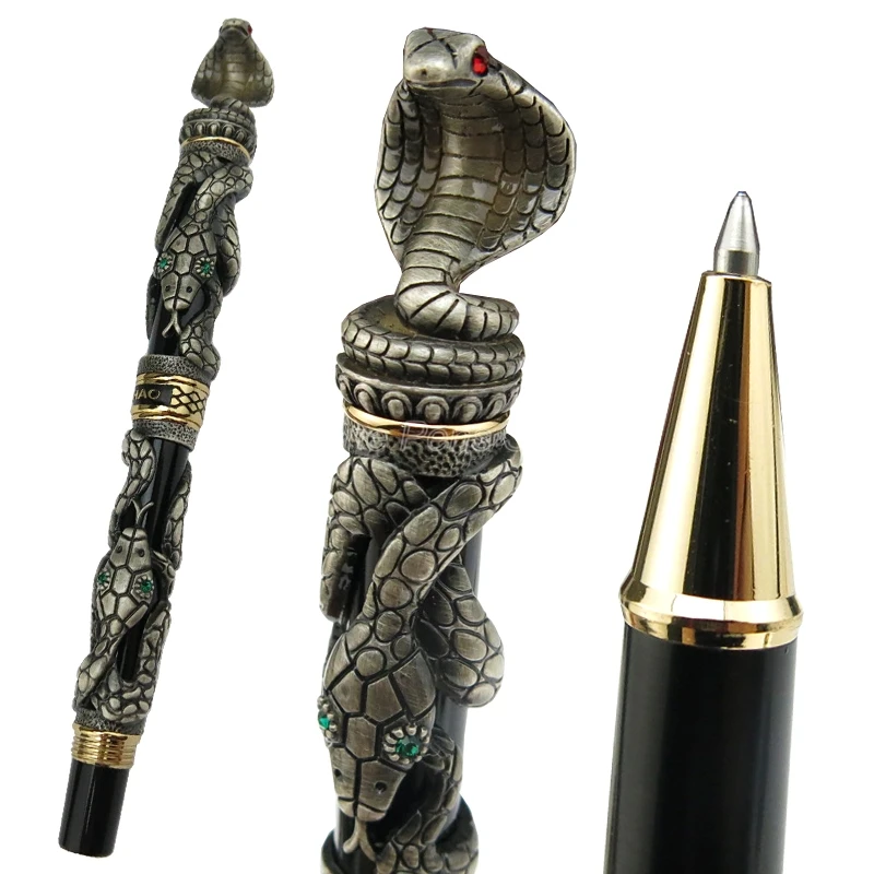 Jinhao Elegant Snake Rollerball Pen Gray Cobra 3D Pattern Texture Relief Sculpture Technology Noble Writing Gift Pen jinhao 5000 noble metal rollerball pen dragon texture carving ancient silver writing ink pen for business collection rollerball