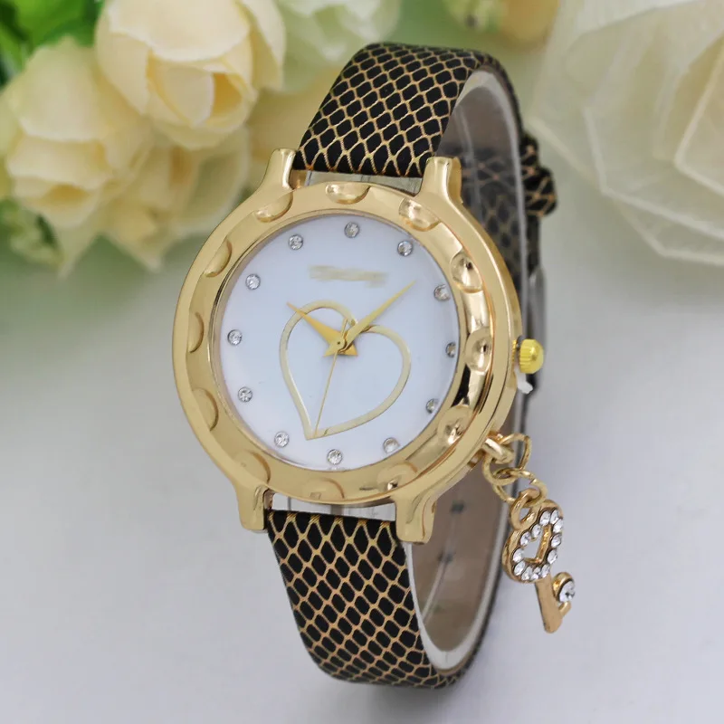 

Quartz Watch Women's Fashion Fine Leather Belt Diamond Set Leather Belt Ladies' Watch Key Pendant Heart WOMEN'S Watch