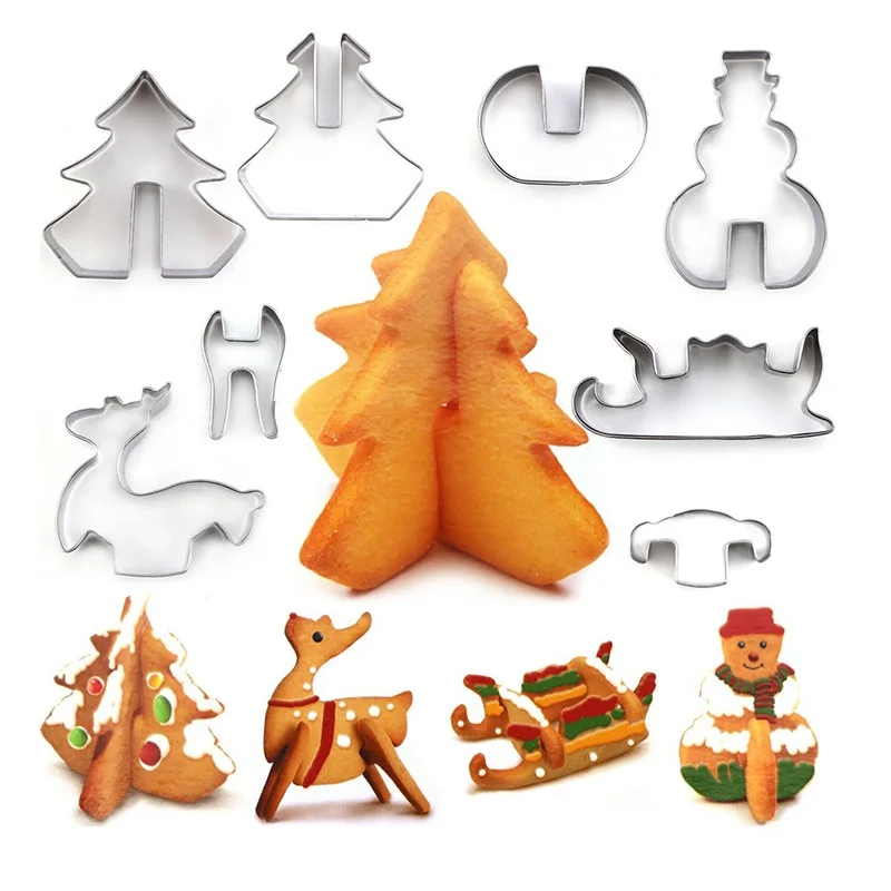 

Stainless Steel Cookie Cutter Mold 3D Christmas Scenario Cookie Biscuit Cutter Set Christmas Tree Elk Sleigh Snowman Model 8Pcs