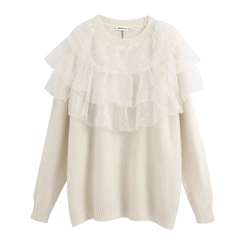 

RR Cascading Solid Lace Sweaters Women Fashion O Neck Sweater Women Elegant Long Sleeve Sweaters Female Ladies LP