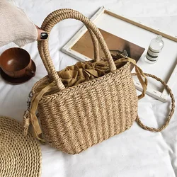 Bohemian Beach Rattan Bucket Bag String Drawstring Straw Bag Hand Made Long Strap Women Handbags Tote Bag Weaving Wicker Bag