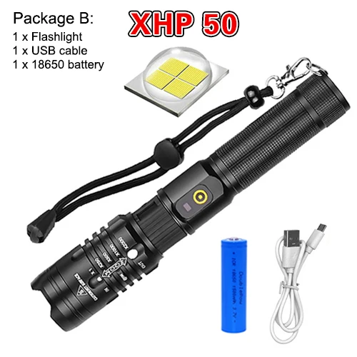 Package B Светодиодный фонарик ультра яркий фонарь 18650 XHP50 светодиодный 3 режима USB зарядка Высокая мощность масштабируемый фонарик перезаряжаемый - Испускаемый цвет: Package B