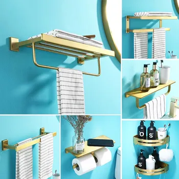

Bathroom Accessories Set Brushed Gold Towel Rack Paper Holder Towel Bar Corner Shelf Toilet Brush holder Hooks Bathroom Hardware