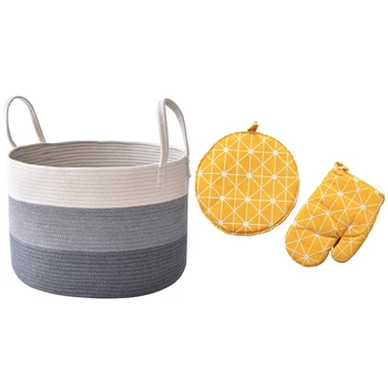 

1 Set Oven Mitt and Heat Resistant Pot Holder Pad Yellow & 1 Pcs Cotton Rope Basket 50X33Cm Laundry Basket