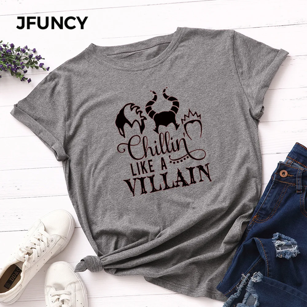 

JFUNCY Plus Size Witch Letter Print T-shirt Women Cotton Tshirt Summer Tees Tops Short Sleeve Woman T Shirt Female Loose Shirts