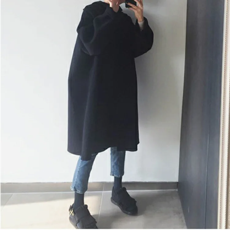 Зимнее повседневное Свободное длинное шерстяное пальто с капюшоном для женщин, большие размеры, однотонная черная шерстяная куртка оверсайз
