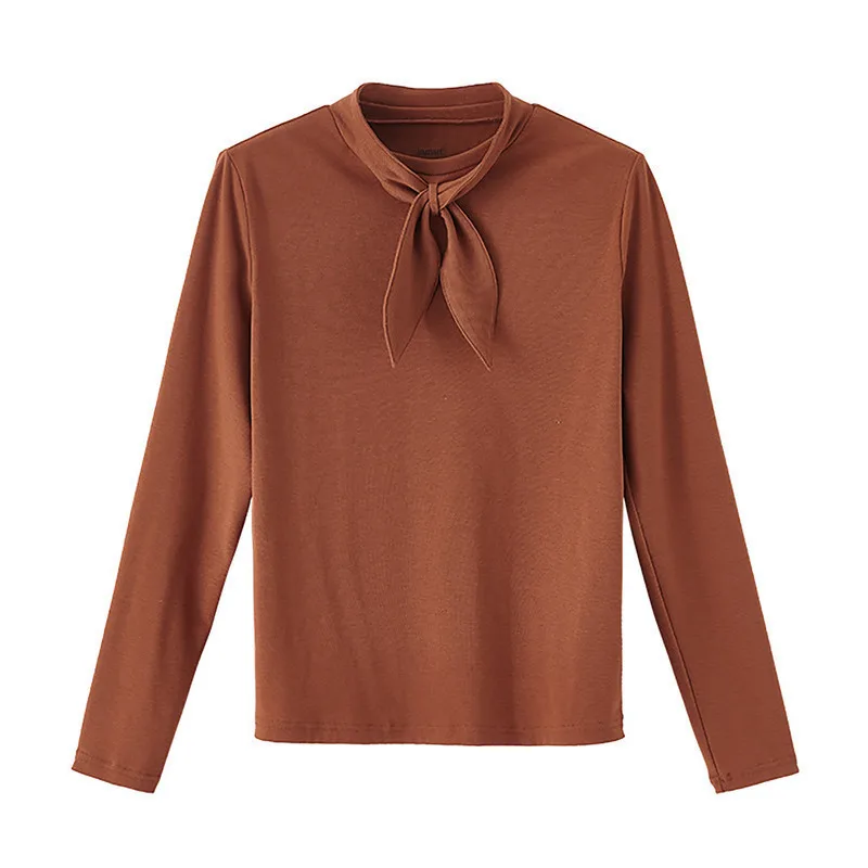 Brown INMAN Spring New Arrival Solid Color Rabbit ears Tie Neck Knit Basic Minimalist Women Long Sleeve T-Shirt - Цвет: Brown