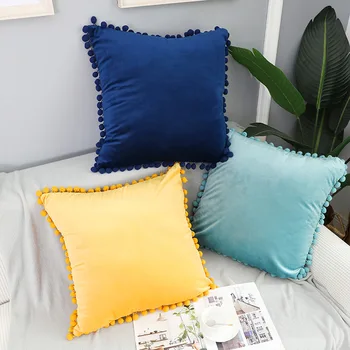 

Soft Velvet Cushion Cover with Pompom Ball Solid Color Pillow Cover Bedroom Living Sofa Seat Decoration Pillow Cases 45x45cm