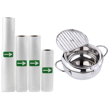 

1 Set Vacuum Sealer Bags Rolls Vacuum Food Storage Saver & 1 Pcs Deep Frying Pot Thermometer Tempura Fryer Pan