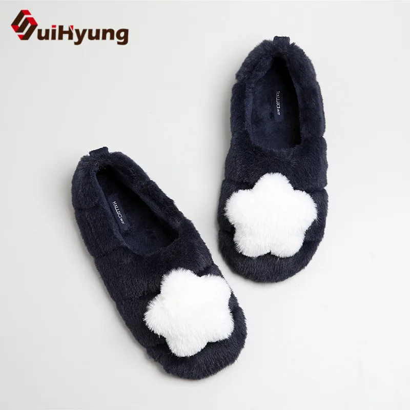Suihyung/Домашняя обувь с искусственным мехом; женские зимние толстые теплые домашние плюшевые тапочки; хлопковая обувь с помпонами; нескользящие шлепанцы; пушистые Тапочки - Цвет: Черный
