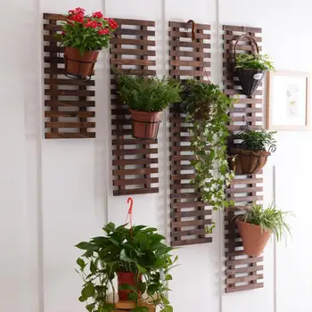 

Anticorrosive wood grid wall flower stand balcony wall hanging green dill wall hanging plant stand solid wood hanging wall flowe