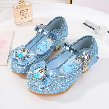 

Cute Girls crystal shoes new cartoon Princess high heels glass children pink sky blue student high heels shoes 25-35 school
