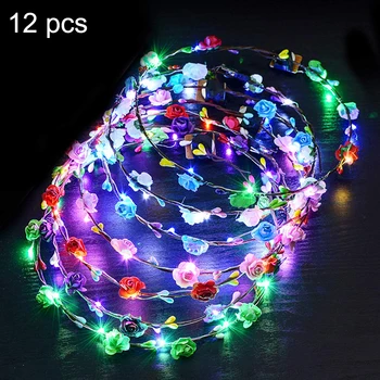 

12Pcs LED Flower Crowns Headband Flower Wreaths 10LED Light Up Luminous Headdress for Birthday Wedding Holiday Party new
