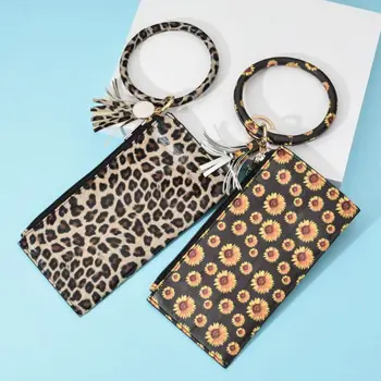 

Women's Leopard Wallet Handbag Bracelets Wristlet Circle Keyring PU Wallet Key Ring Zipper Clutch Purses with Bangle Keychain