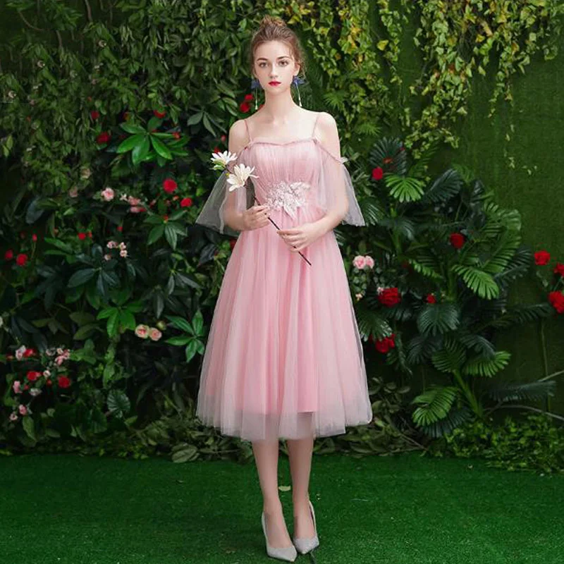 D Pink Tea Length ТРАПЕЦИЕВИДНОЕ ПЛАТЬЕ подружки невесты; розовое Тюлевое платье; Vestido de Fiesta; элегантное платье с Т-образным вырезом; Robe de Soiree; вечернее платье для выпускного вечера; TS-004 - Цвет: D Pink Tea Length
