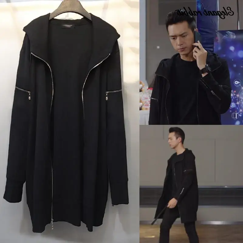 Черный S-6XL, новинка, Мужская одежда, стилист волос, GD Мода, для влюбленных, на молнии, средней длины, Тренч, куртка, костюмы певицы - Цвет: Черный