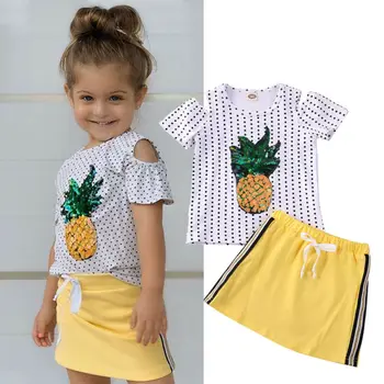 

Summer Toddler Kids Baby Girls Short Sleeve Sequin Pineapple Tops T-shirt Skirts Outfits Clothes 2PCS