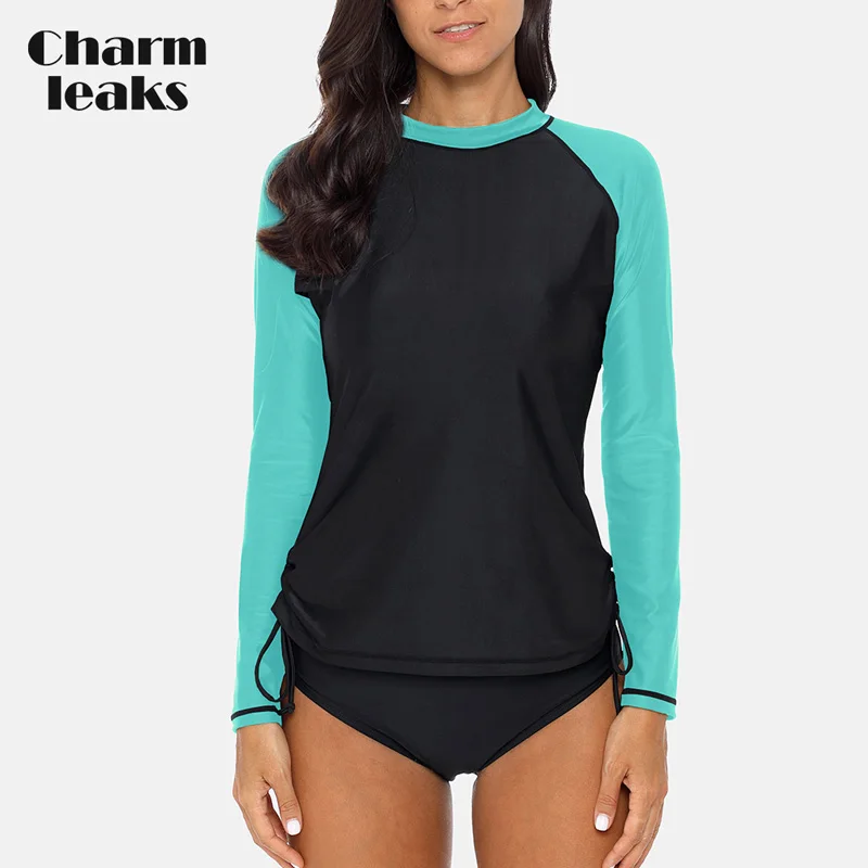 Charmleaks женские сыпи гидрокуртки одежда для плавания с длинным рукавом Rashguard топ с боковой повязкой для серфинга Топ Дайвинг рубашка купальник UPF 50 - Цвет: AQU