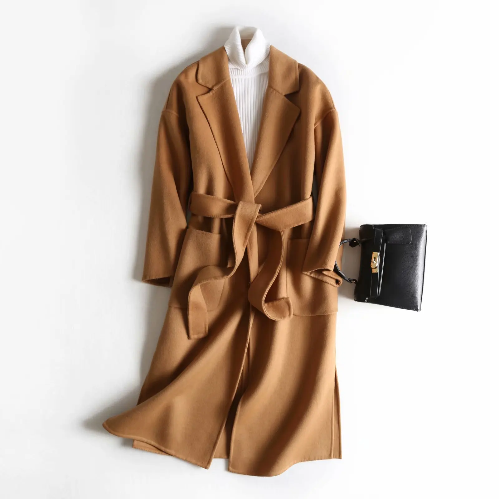 Осень зима высокое качество двусторонняя кашемировая куртка шерсть большой карман пояс длинное женское пальто Cc144