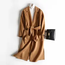 Осень зима высокое качество двусторонняя кашемировая куртка шерсть большой карман пояс длинное женское пальто Cc144