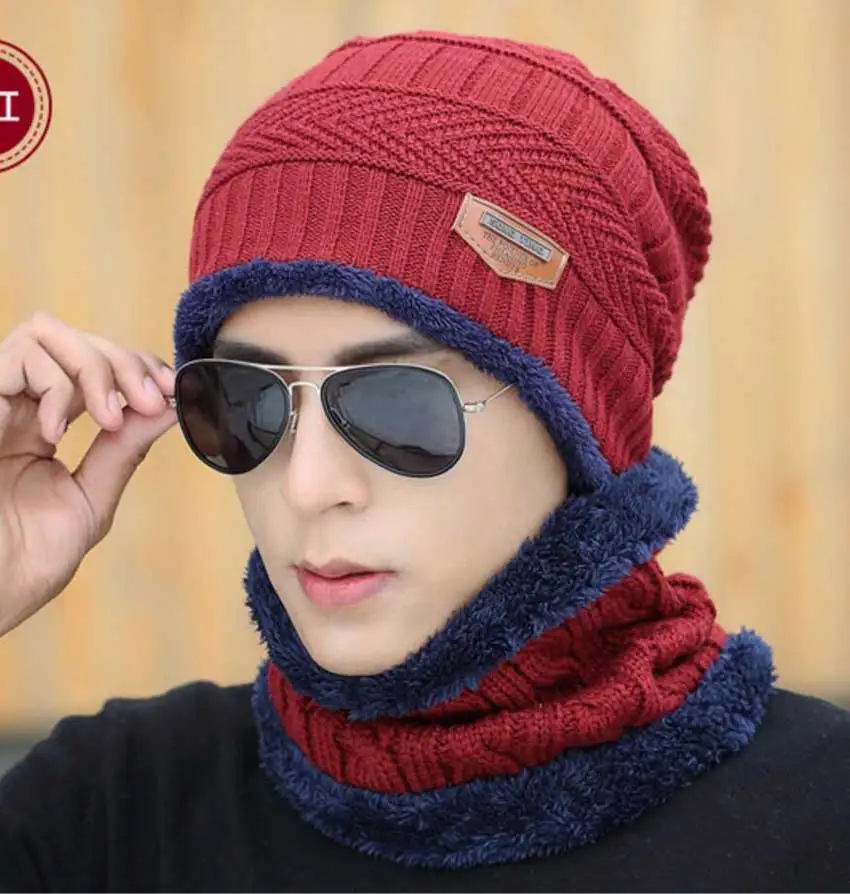 Мужская зимняя вязаная шапка и шарф, набор перчаток, женская теплая плюшевая шапка, комплект из 3 предметов, Мужская Уличная Лыжная шапка, кольцо, шарфы, одноцветные мужские - Цвет: Dark Red  2 Pcs Set